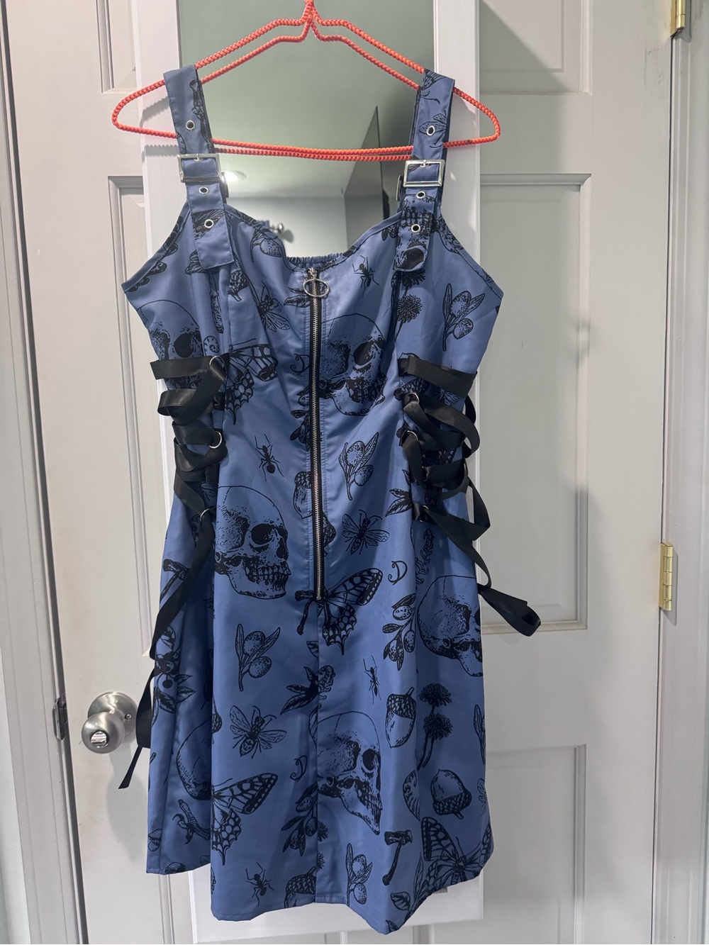 Blue Gothic Skull & Butterfly Lace-Up Dress
